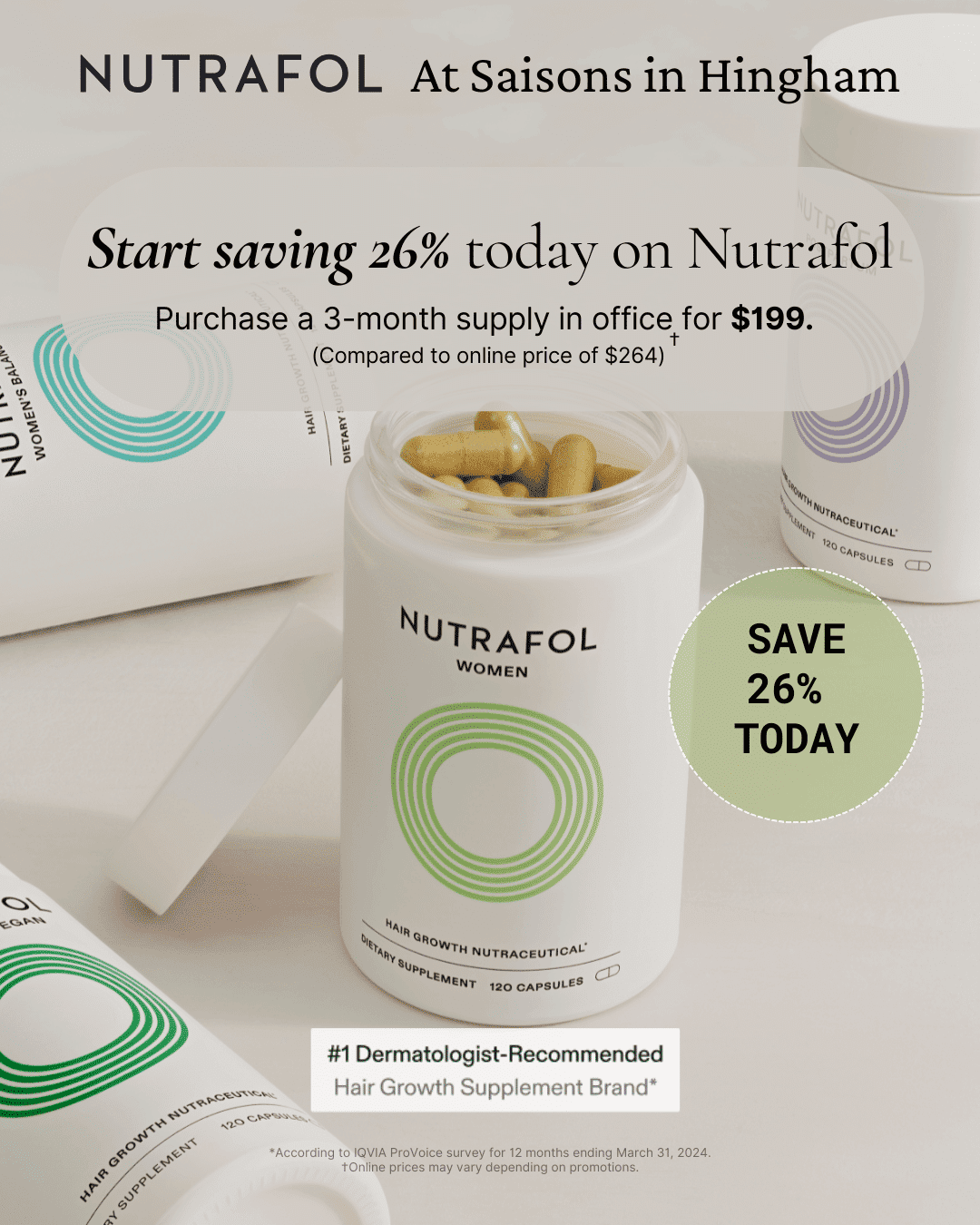 Nutrafol supplement bottles on a table with savings offer highlighted.